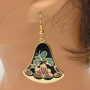 Cloisonne Butterfly and Floral Drop Earrings